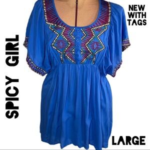 NWT Large Spicy Girl Blue Embroidered Babydoll Top Blouse